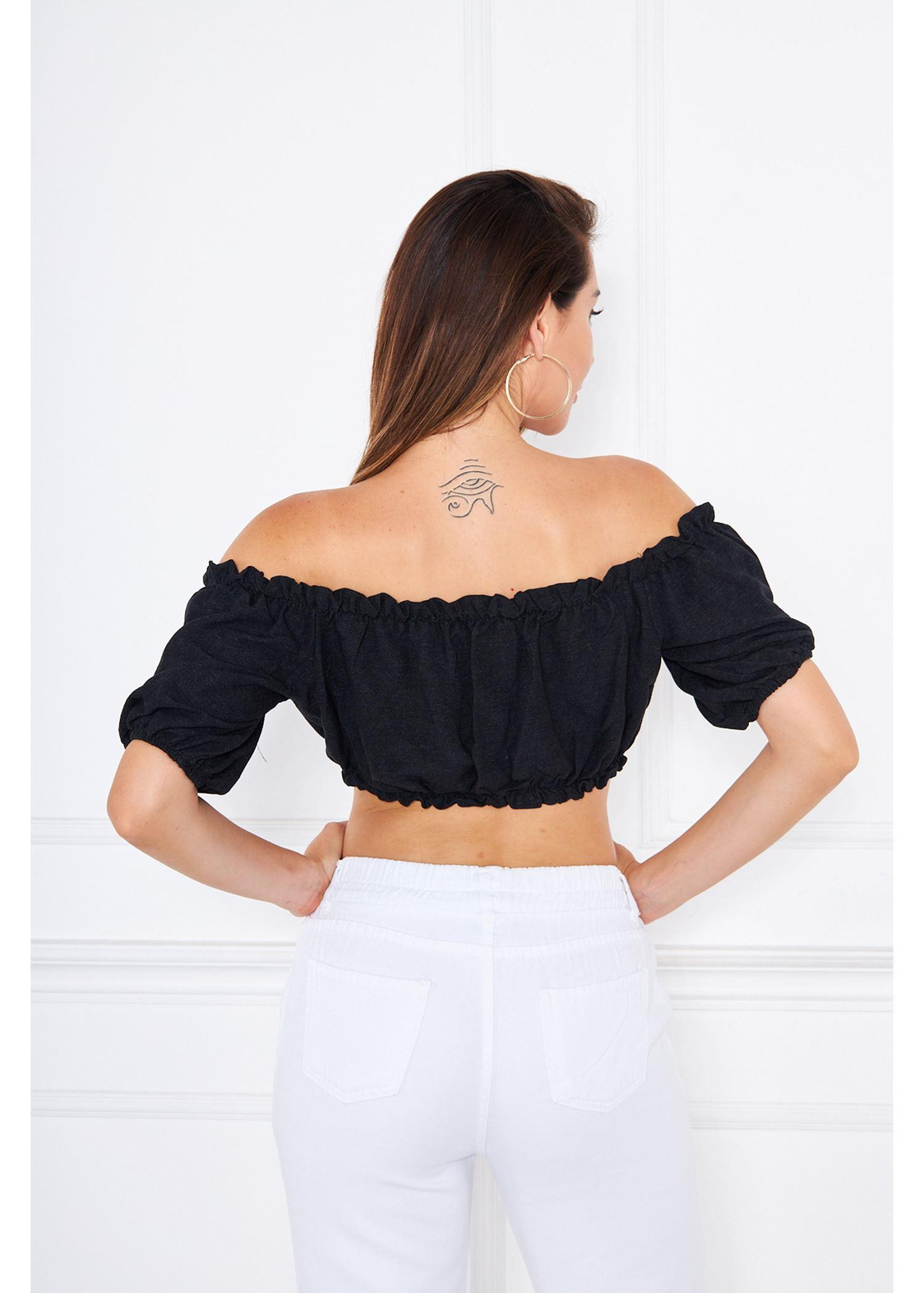 Büzgülü Keten Mini Bluz-Siyah