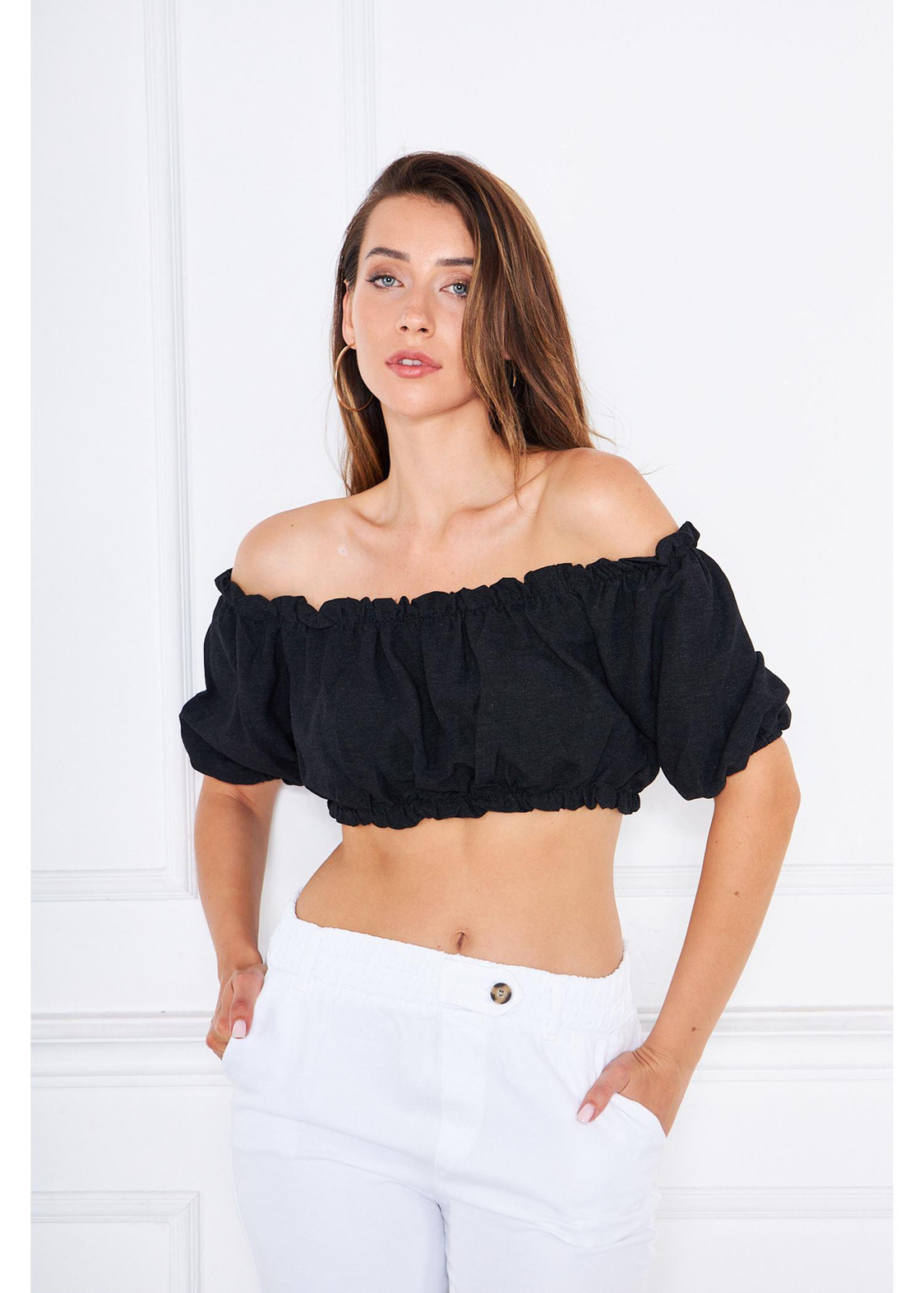 Büzgülü Keten Mini Bluz-Siyah