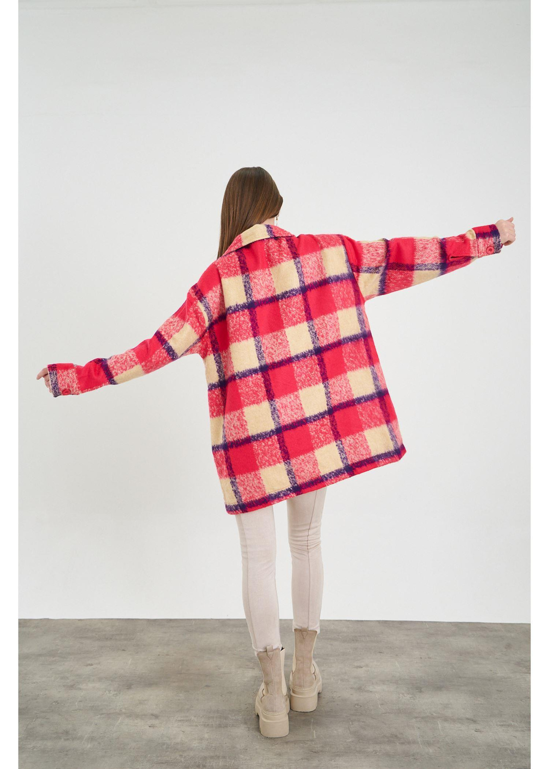 Cepli Düğmeli Ekose Ceket-Kırmızı