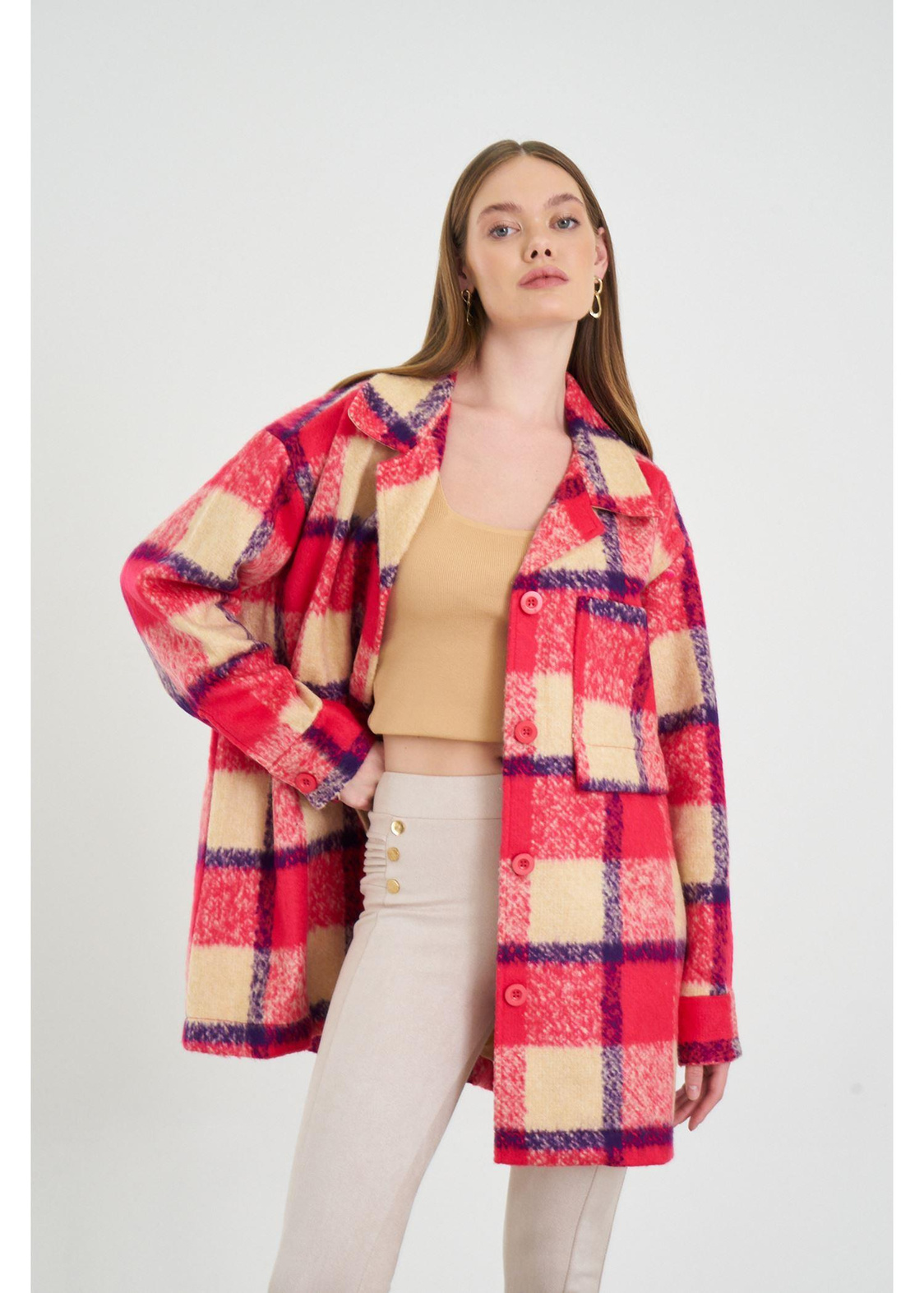 Cepli Düğmeli Ekose Ceket-Kırmızı