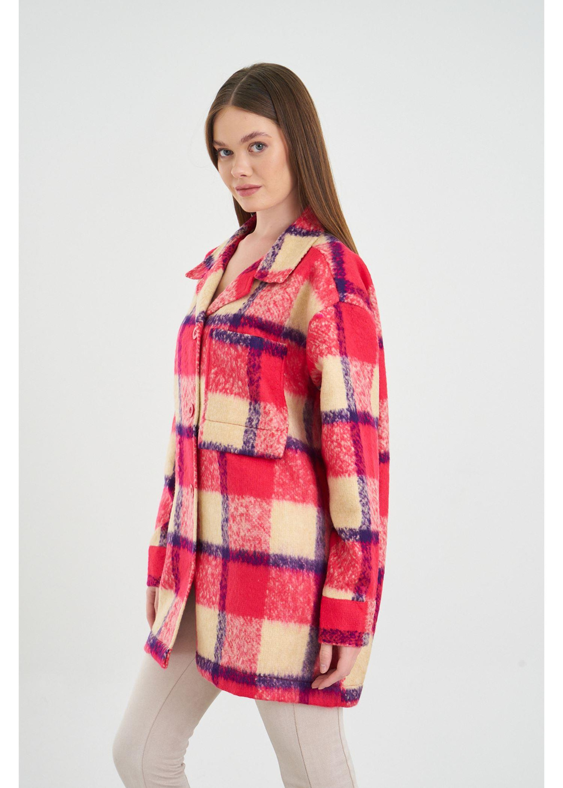 Cepli Düğmeli Ekose Ceket-Kırmızı