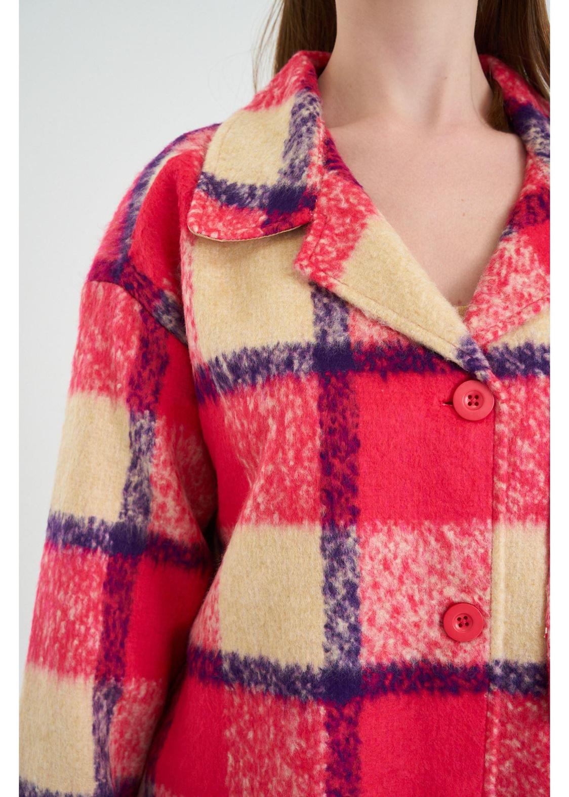 Cepli Düğmeli Ekose Ceket-Kırmızı