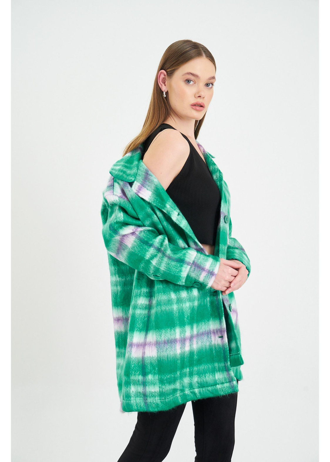 Cepli Düğmeli Ekose Ceket-Yeşil