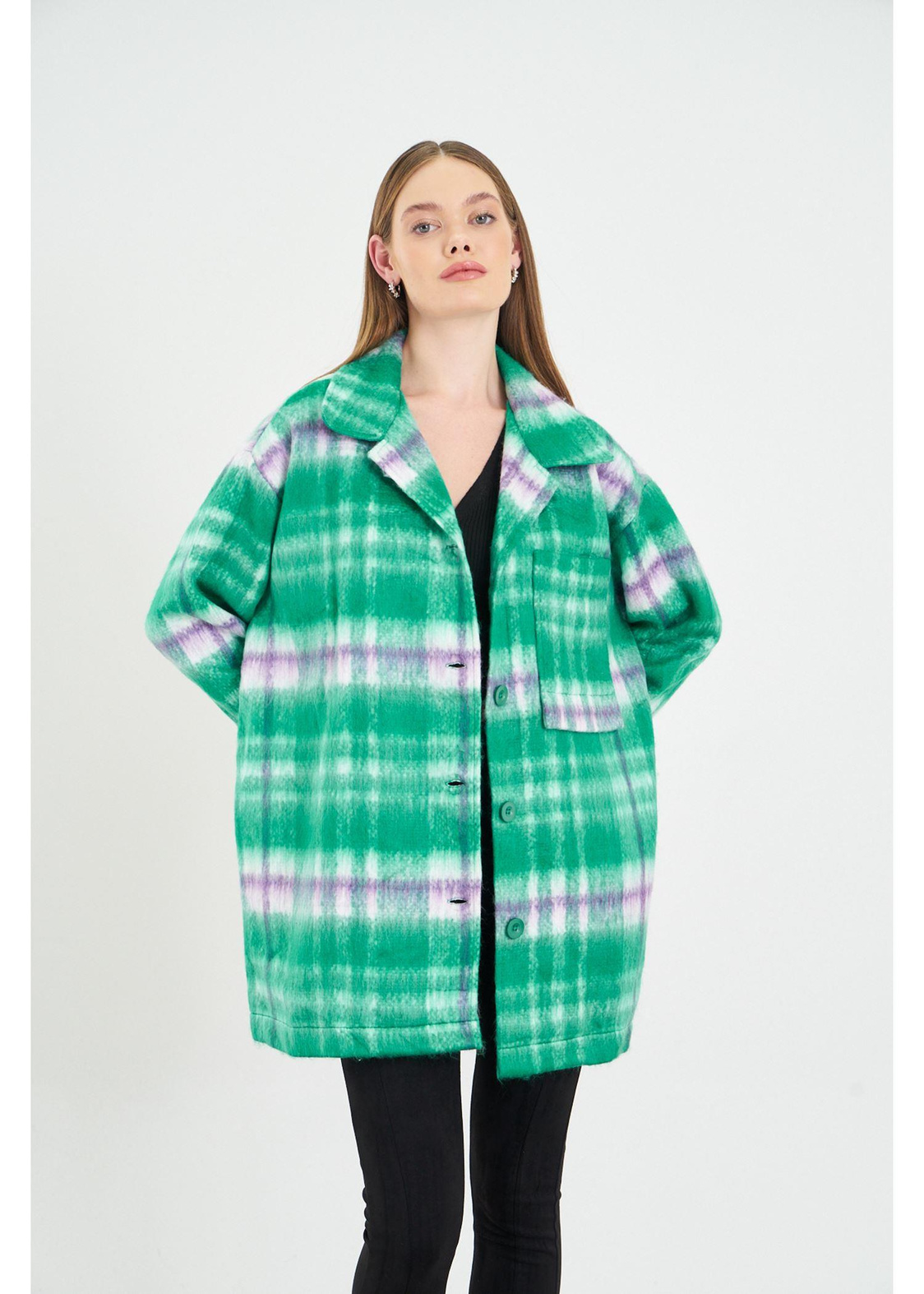 Cepli Düğmeli Ekose Ceket-Yeşil