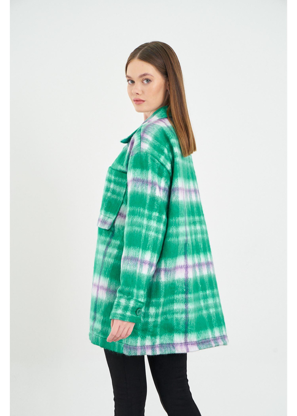 Cepli Düğmeli Ekose Ceket-Yeşil