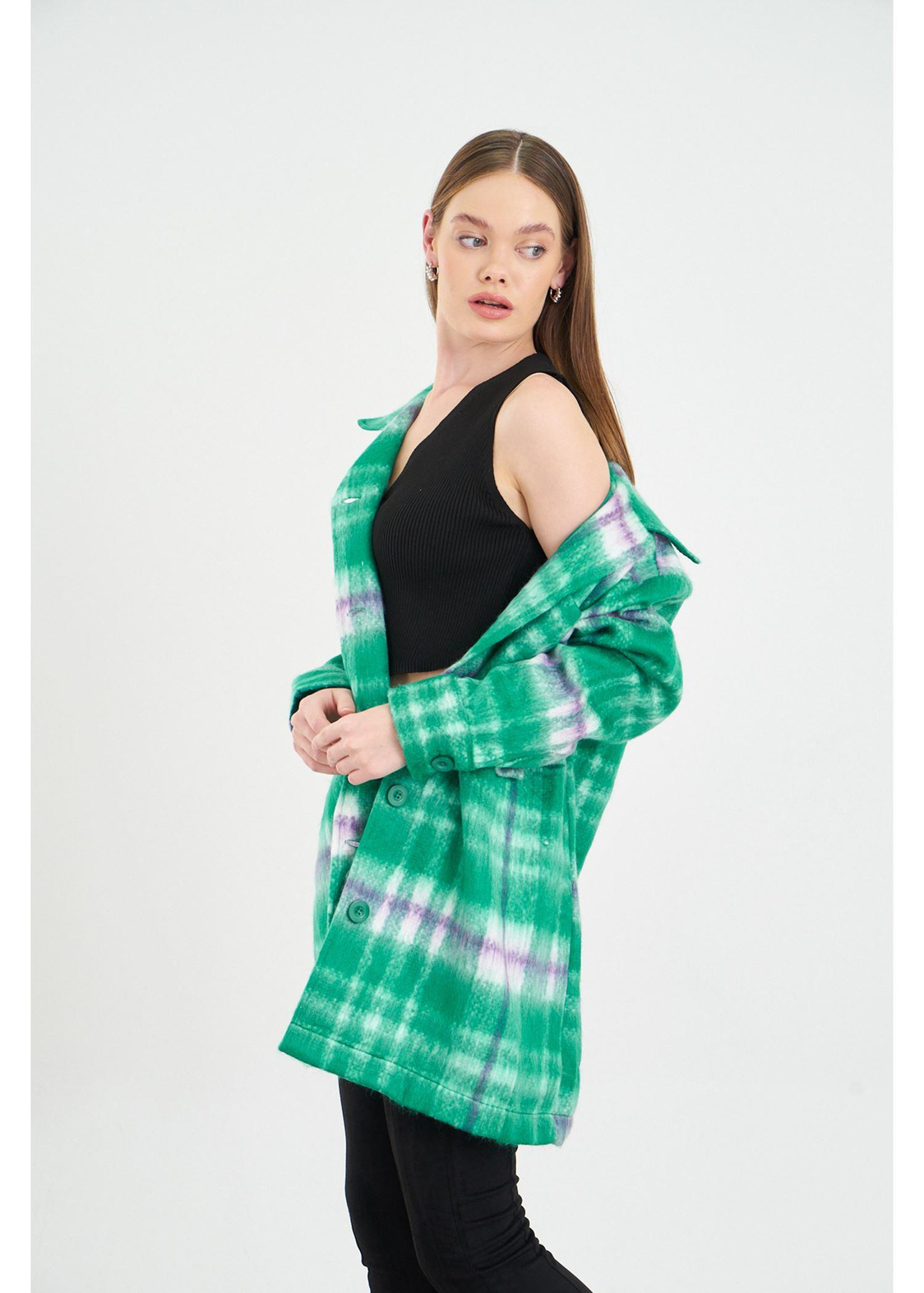 Cepli Düğmeli Ekose Ceket-Yeşil