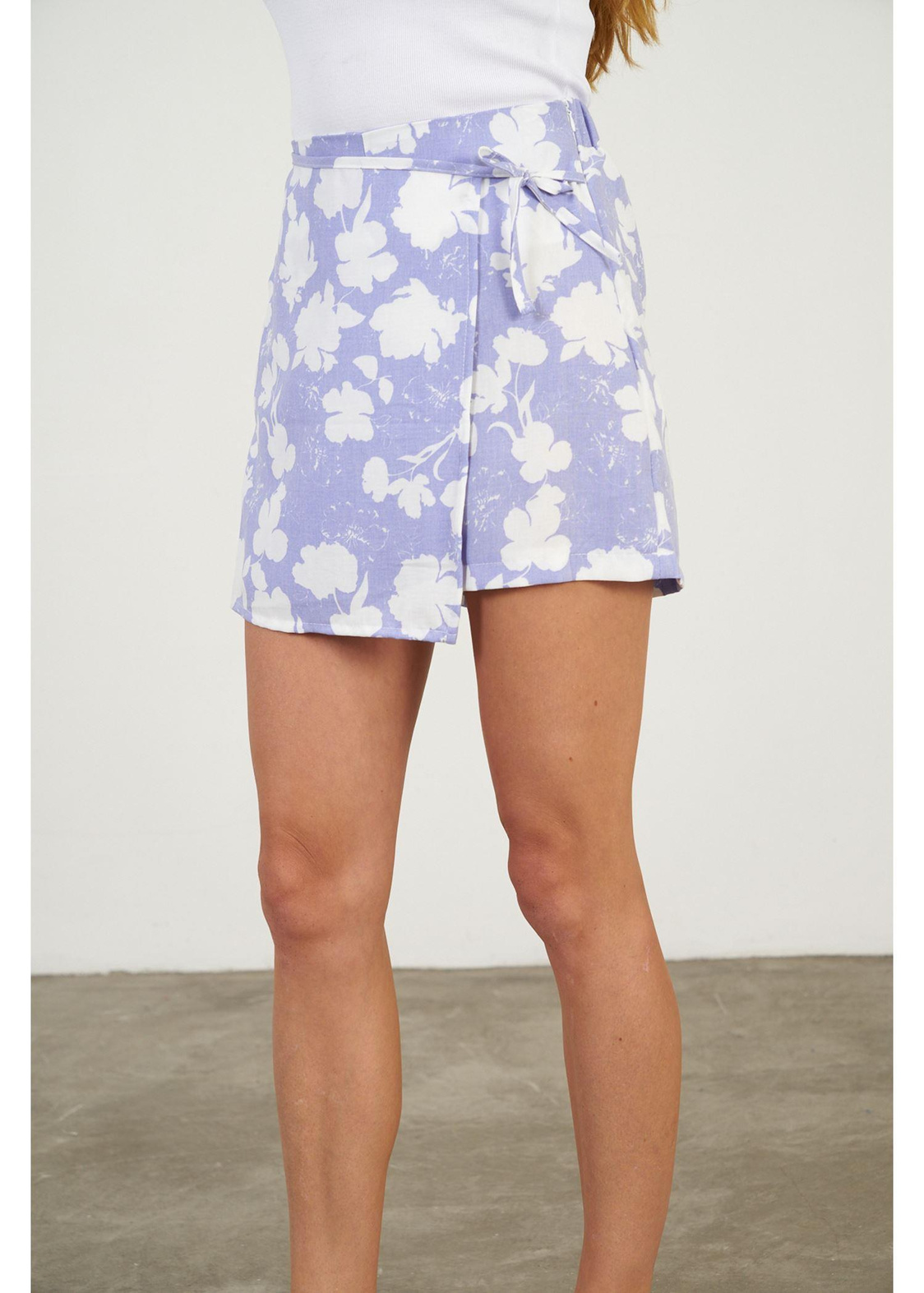 Çiçek Baskılı Aller Detaylı Viskon Keten Etek-Mavi