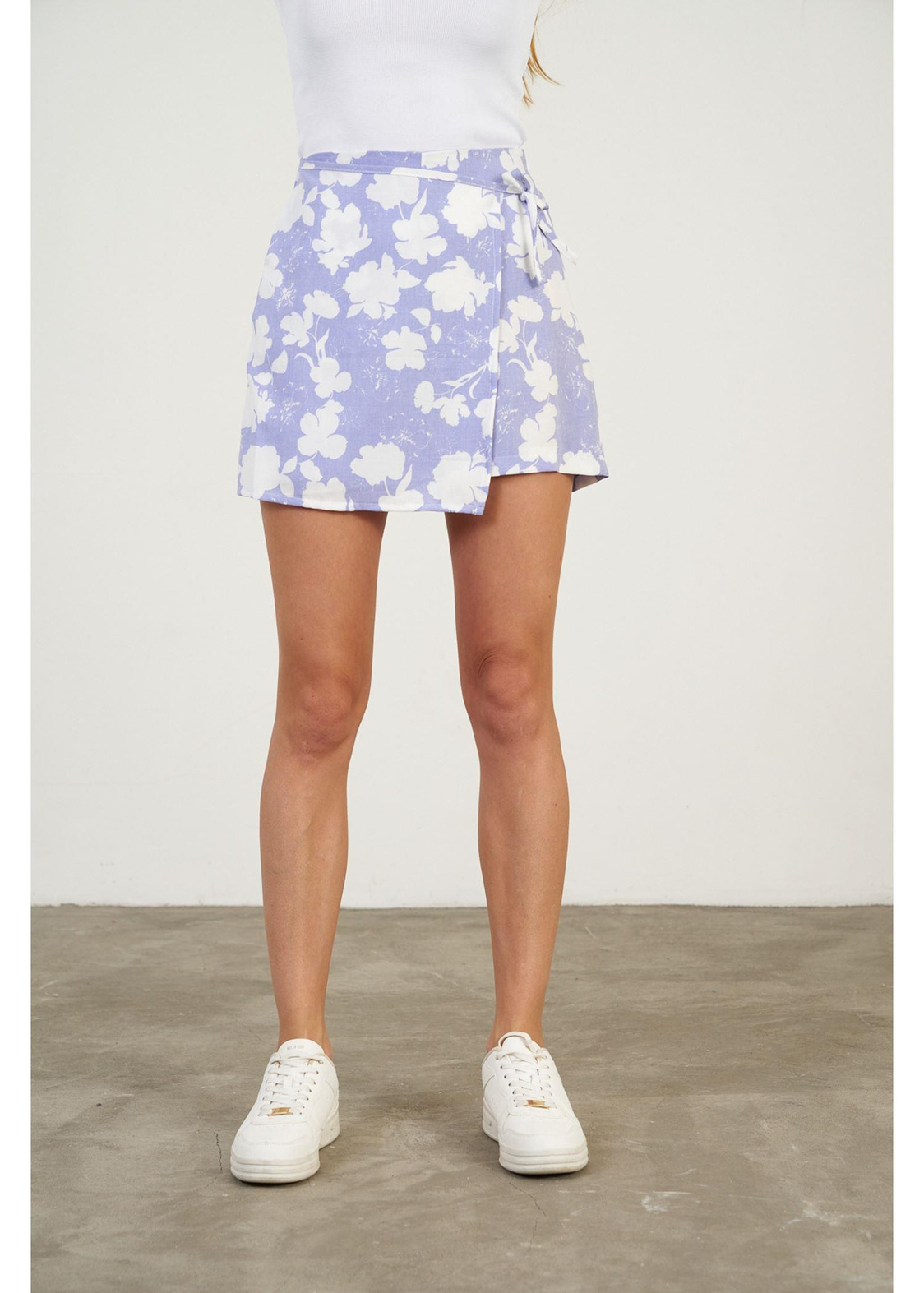 Çiçek Baskılı Aller Detaylı Viskon Keten Etek-Mavi