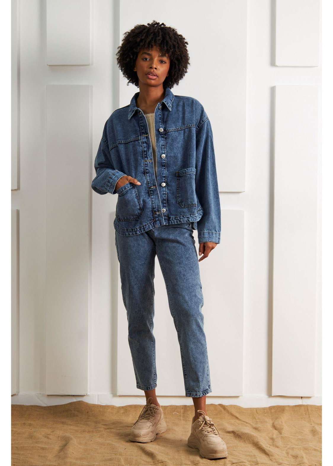 Çift Cepli Denim Ceket-Mavi