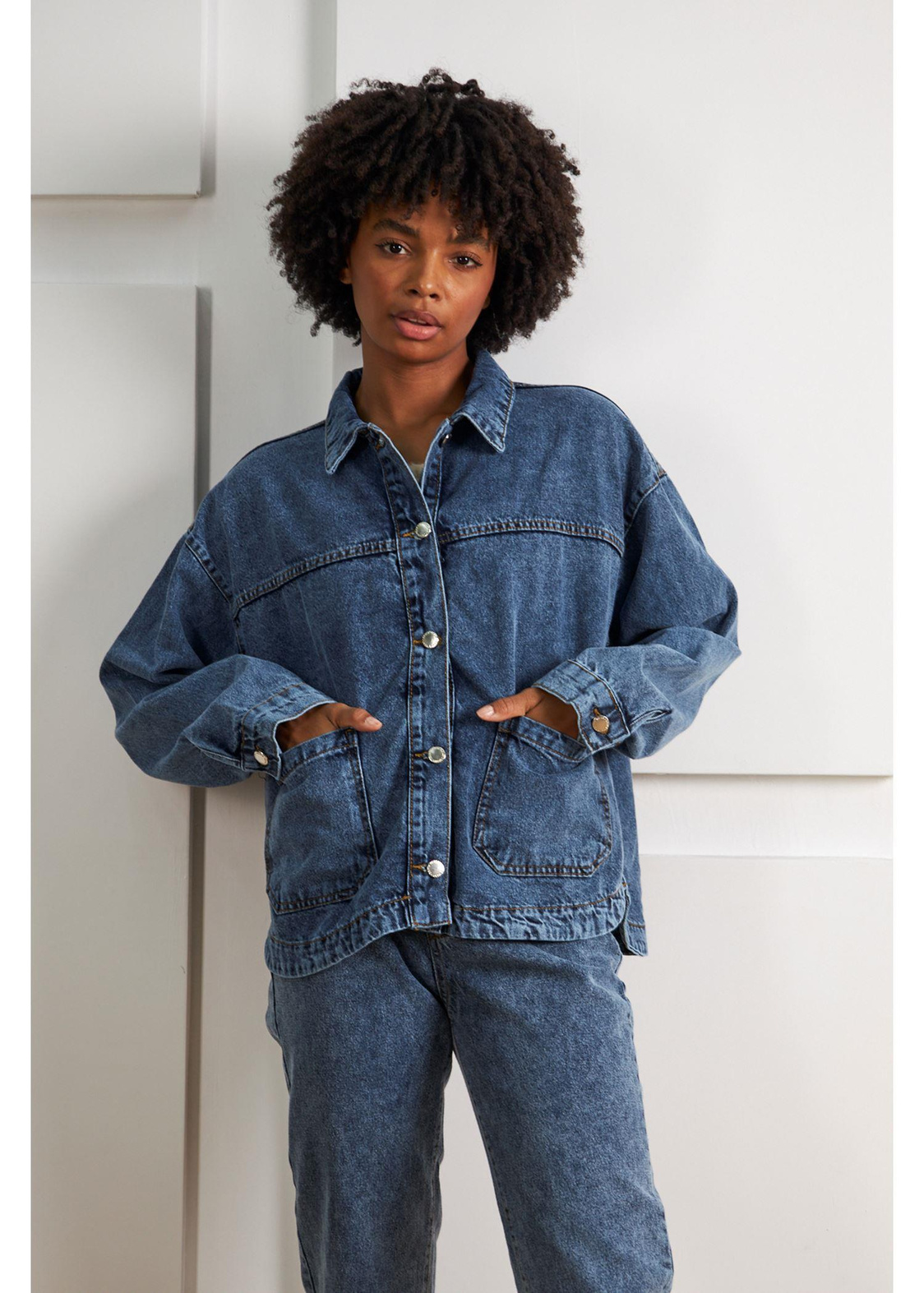 Çift Cepli Denim Ceket-Mavi