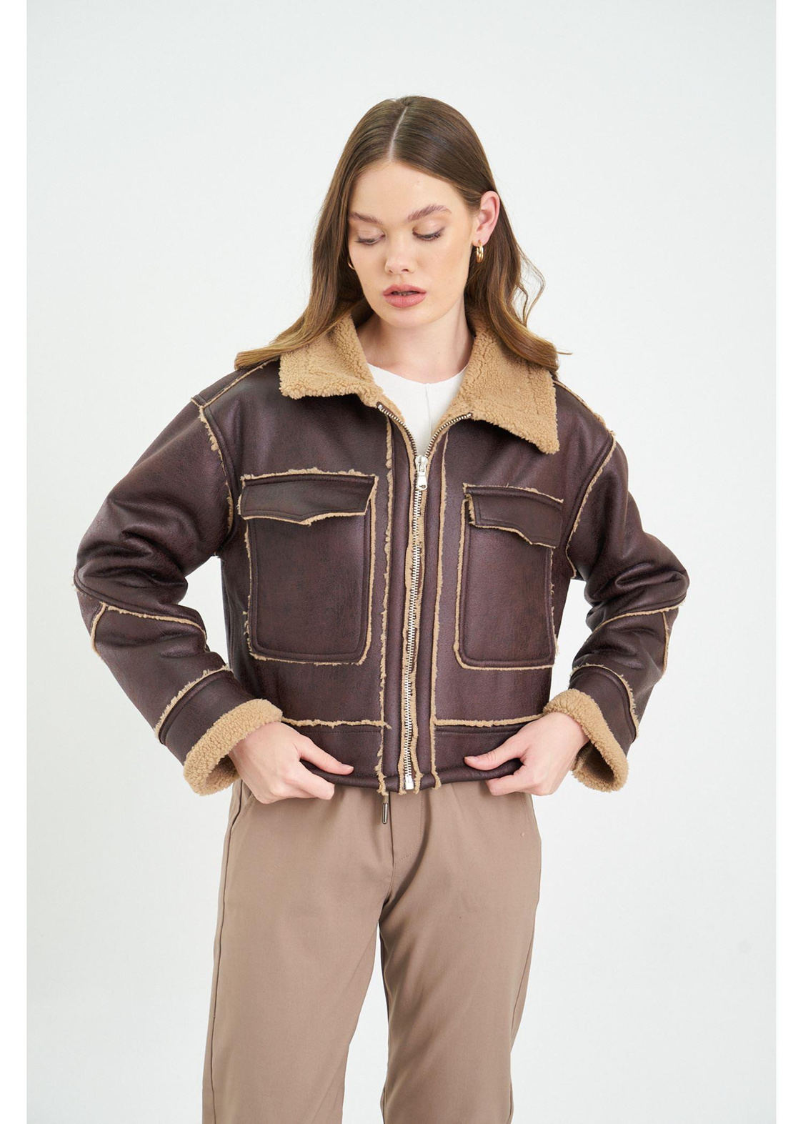 Çift Cepli Peluş Deri Mont-Camel