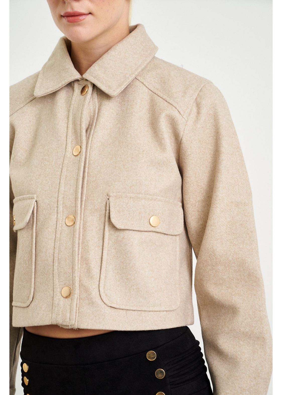 Çıtçıtlı Melanjlı Kısa Kaşe Ceket-Taş