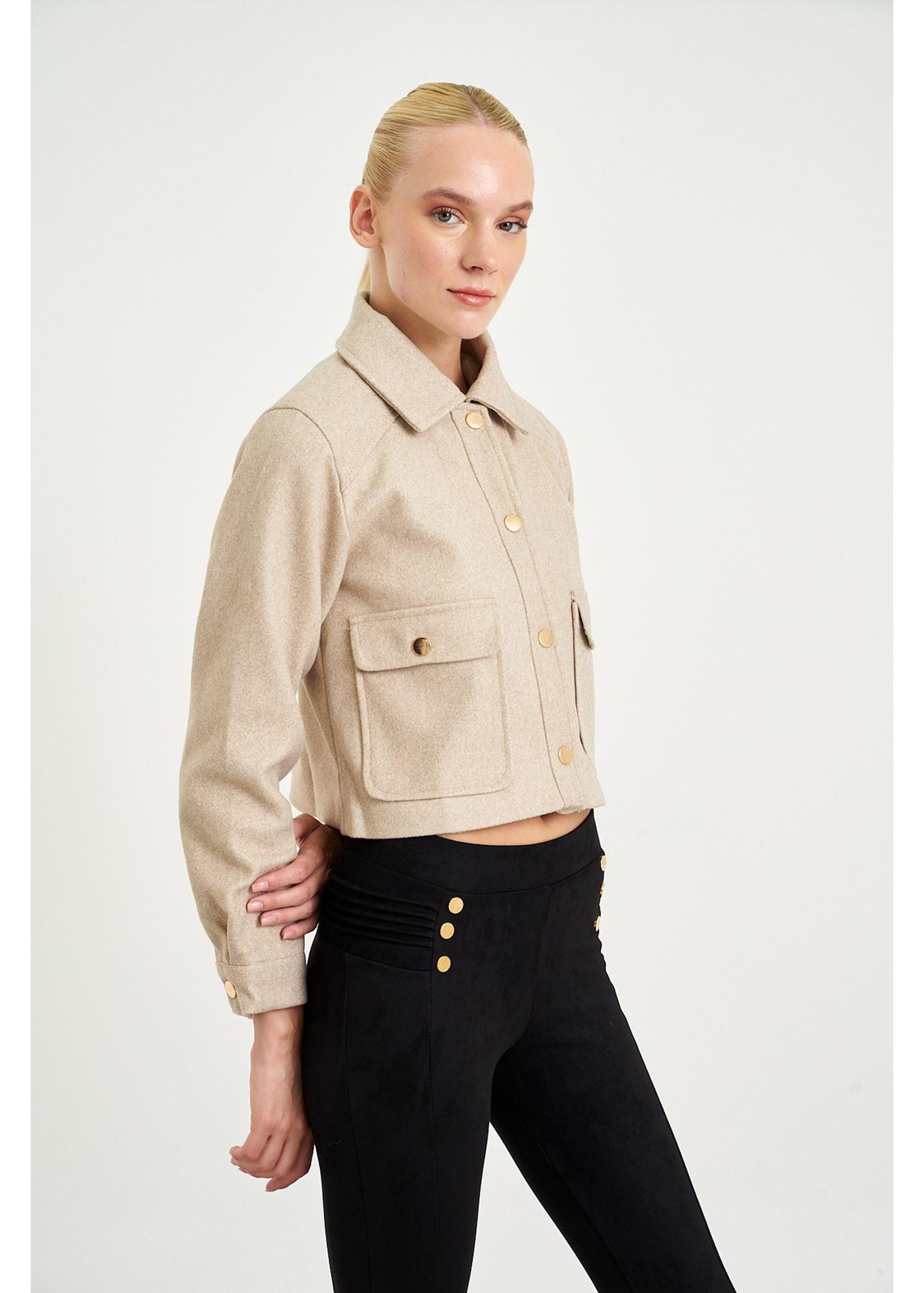 Çıtçıtlı Melanjlı Kısa Kaşe Ceket-Taş