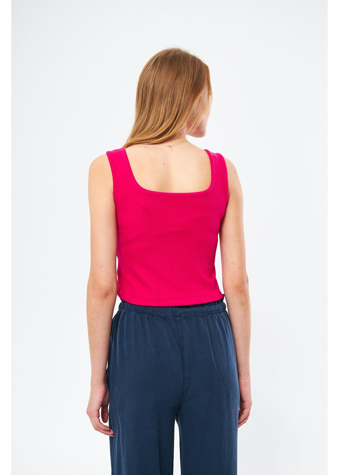 Çizgi Detaylı Askılı Kaşkorse Crop-Fuşya