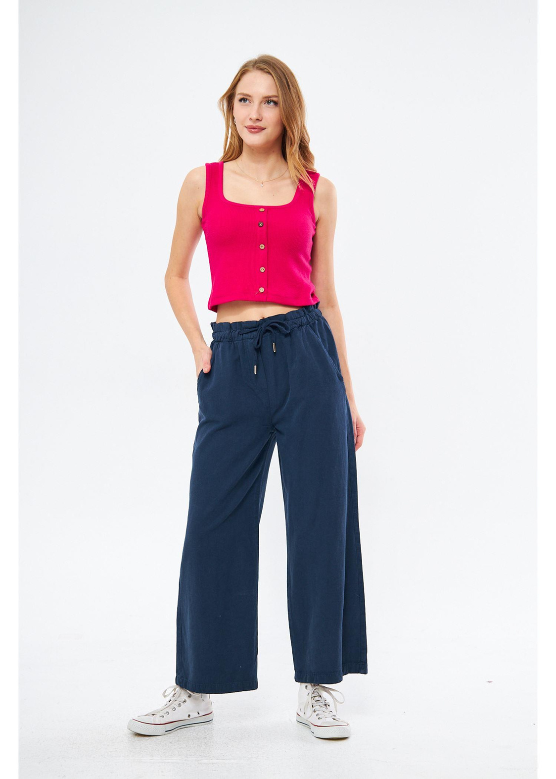Çizgi Detaylı Askılı Kaşkorse Crop-Fuşya