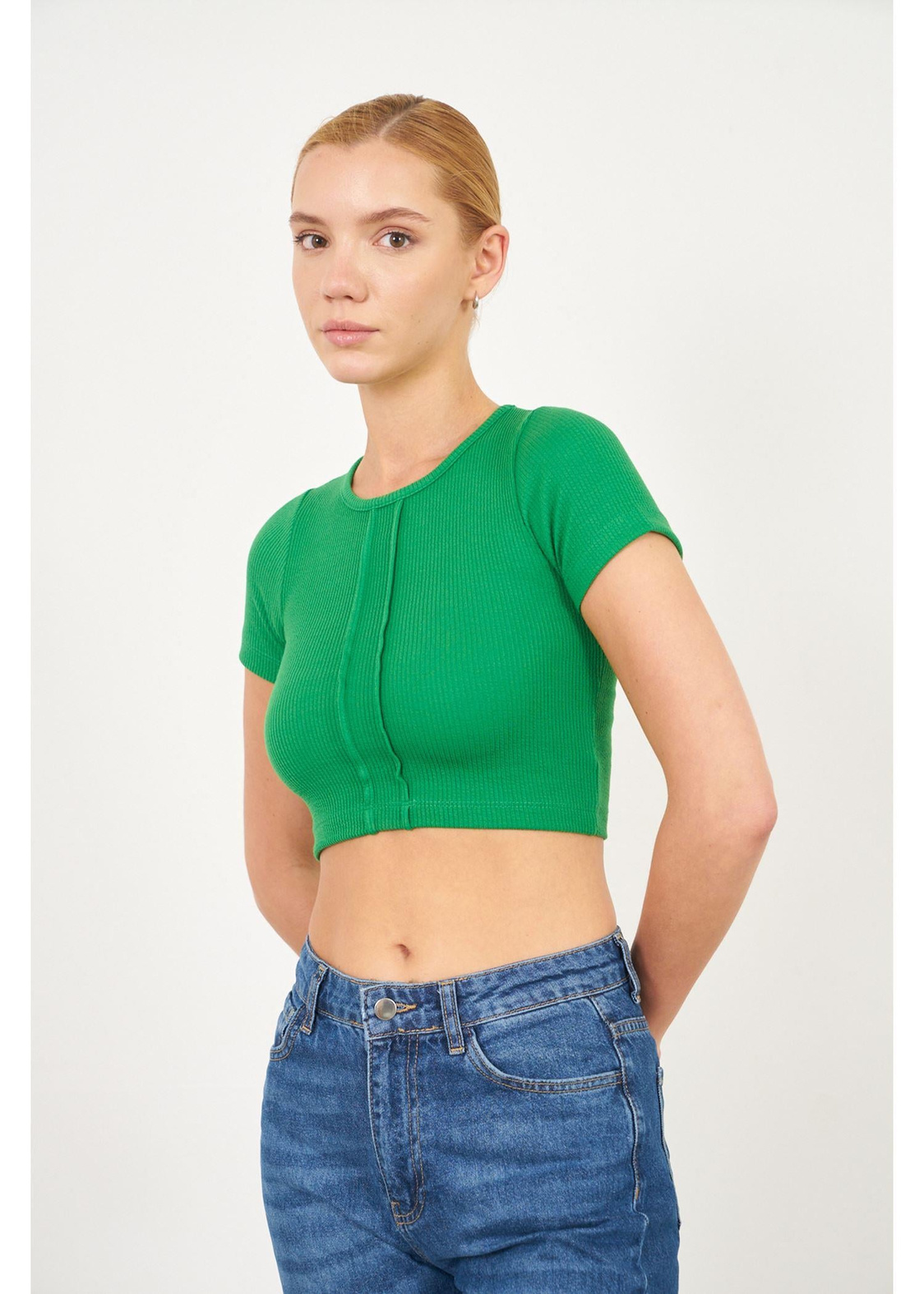 Çizgi Detaylı Kaşkorse Crop-Yeşil
