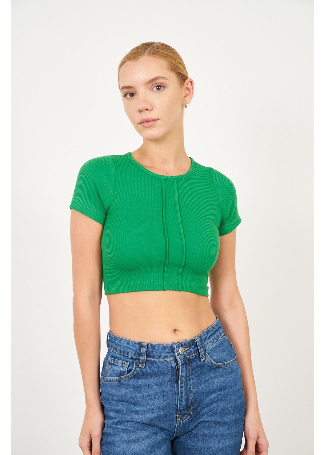 Çizgi Detaylı Kaşkorse Crop-Yeşil