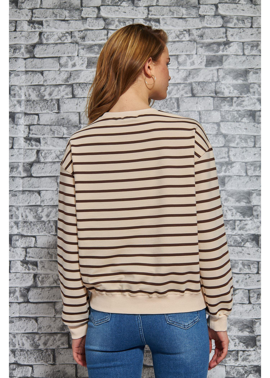 Çizgili Basic Sweatshirt-Kahve