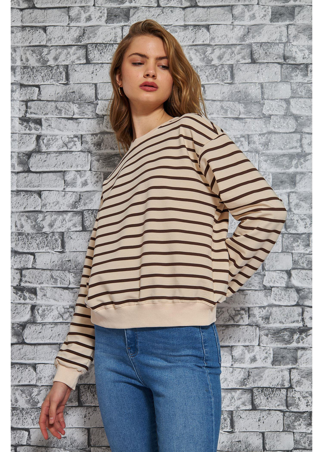 Çizgili Basic Sweatshirt-Kahve