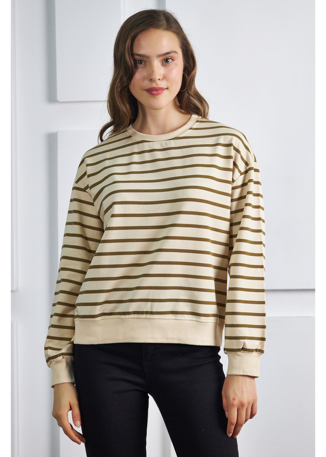 Çizgili Basic Sweatshirt-Vizon