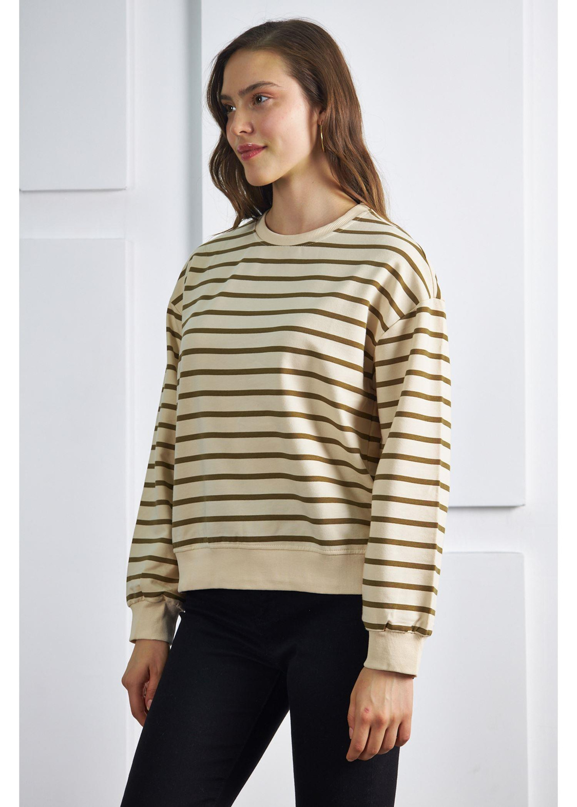 Çizgili Basic Sweatshirt-Vizon