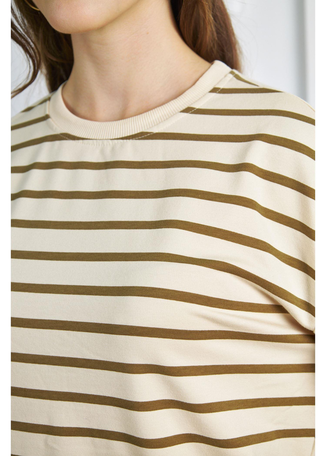 Çizgili Basic Sweatshirt-Vizon