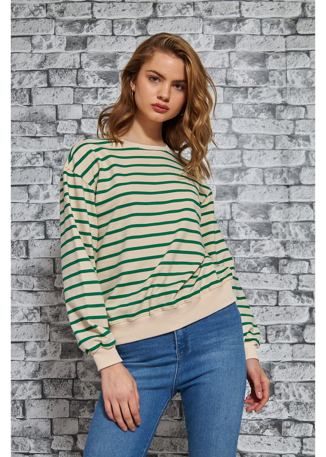 Çizgili Basic Sweatshirt-Yeşil
