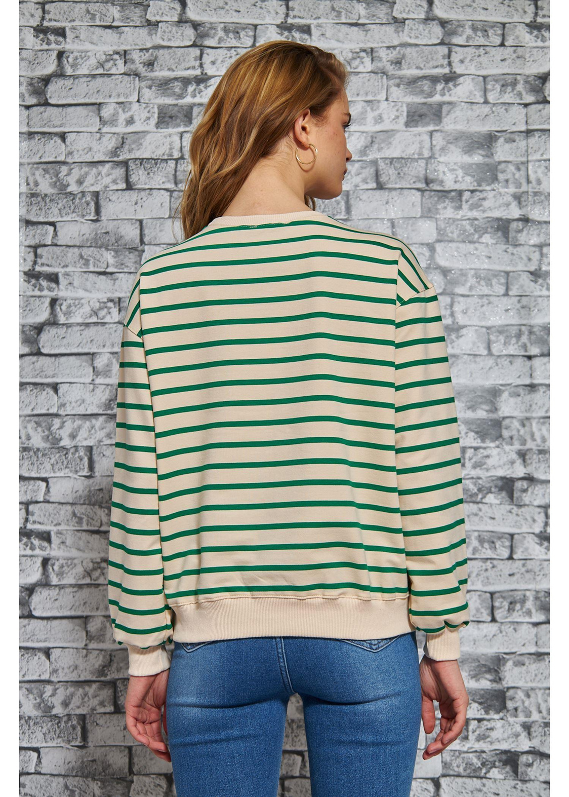 Çizgili Basic Sweatshirt-Yeşil