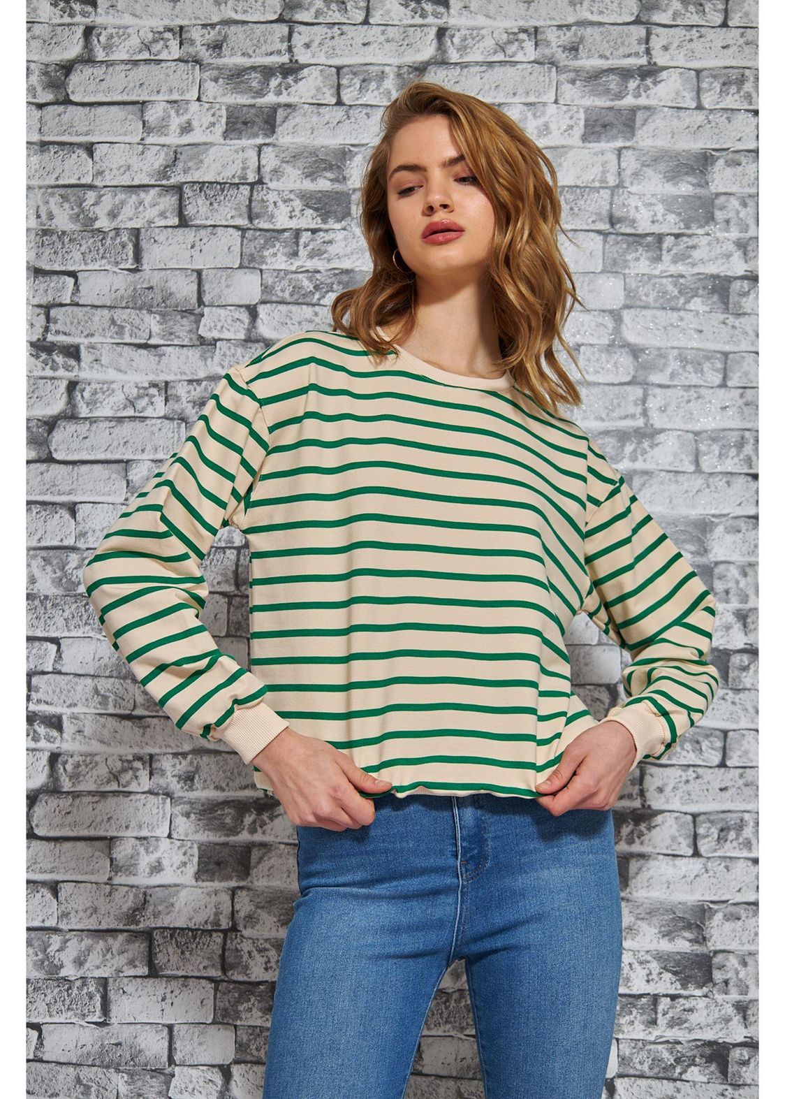 Çizgili Basic Sweatshirt-Yeşil
