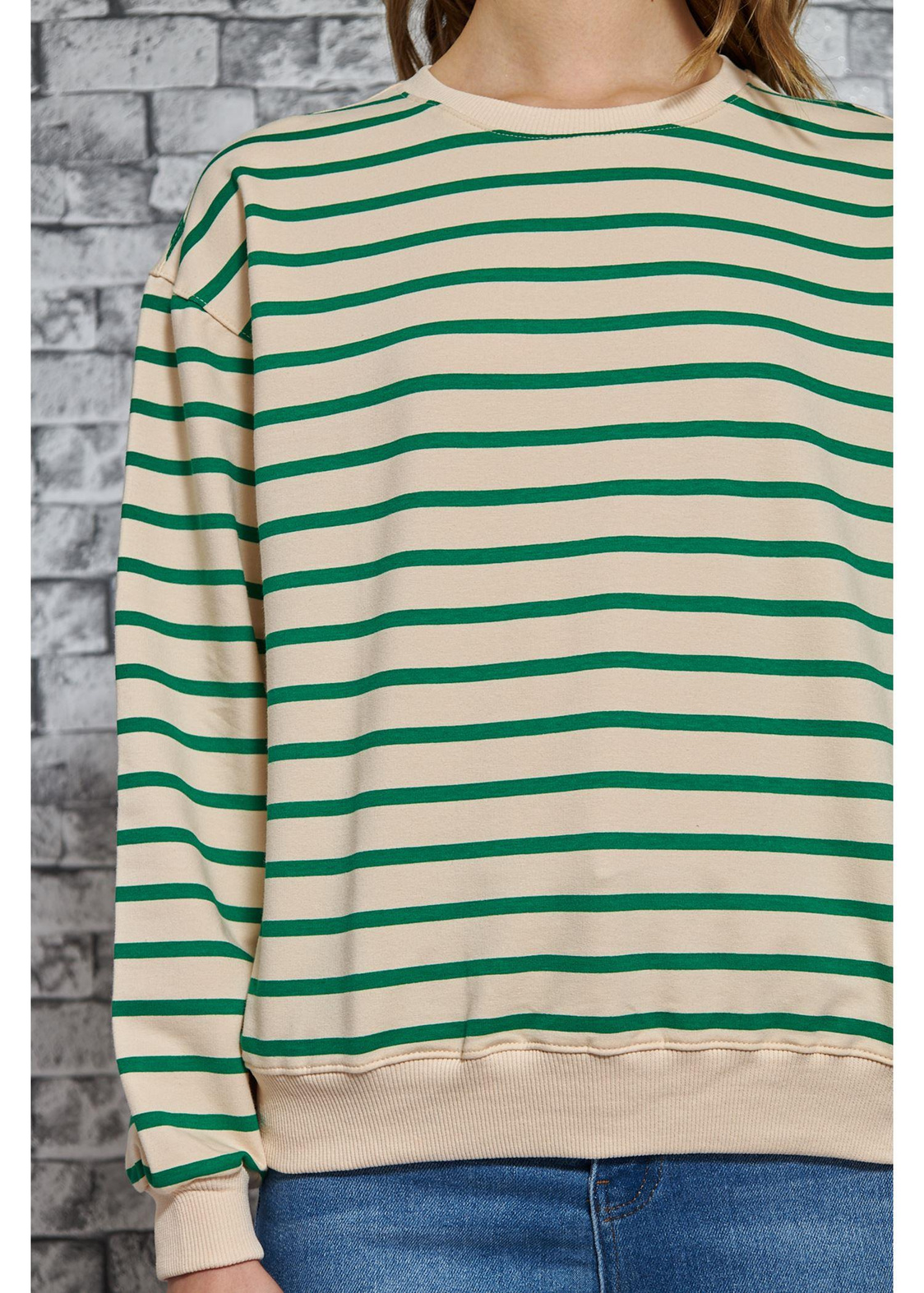 Çizgili Basic Sweatshirt-Yeşil