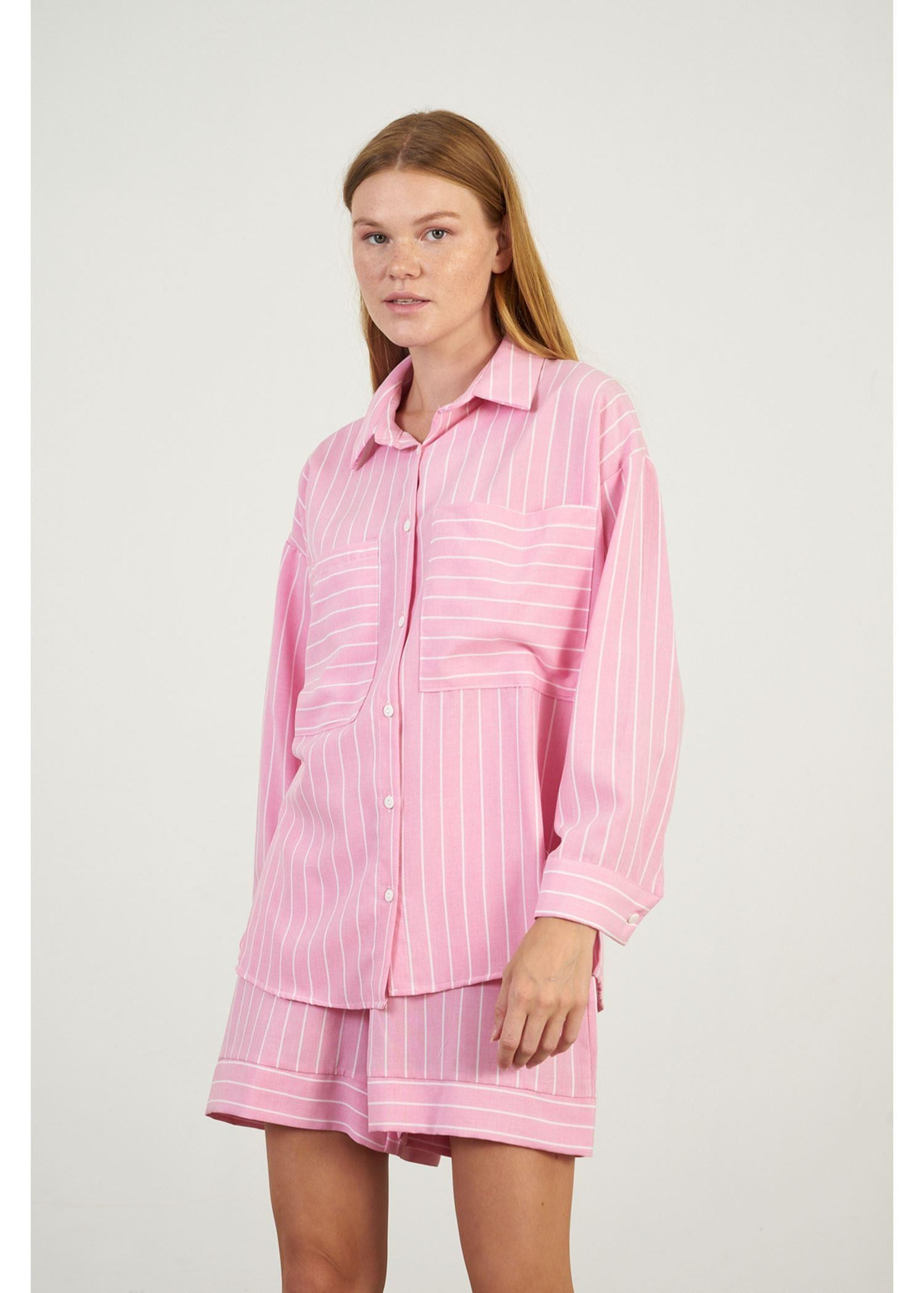 Çizgili Cepli Düşük Kol Gömlek-Pembe