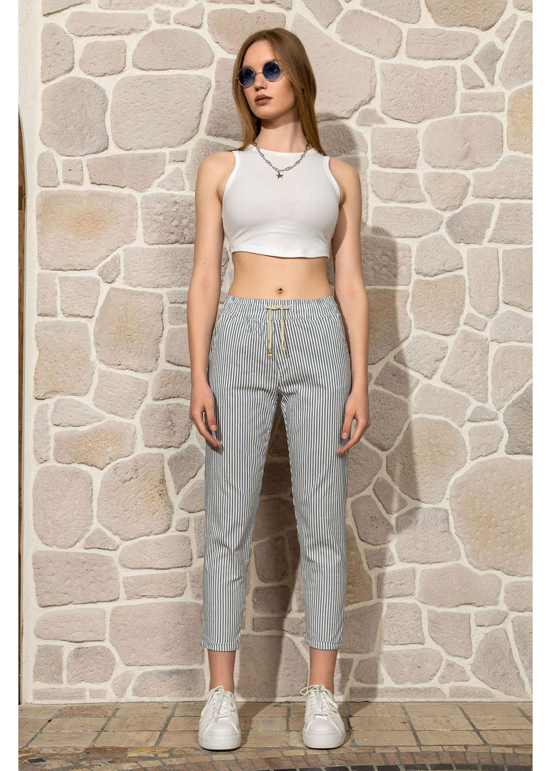Çizgili Chino Pantolon-Ekru