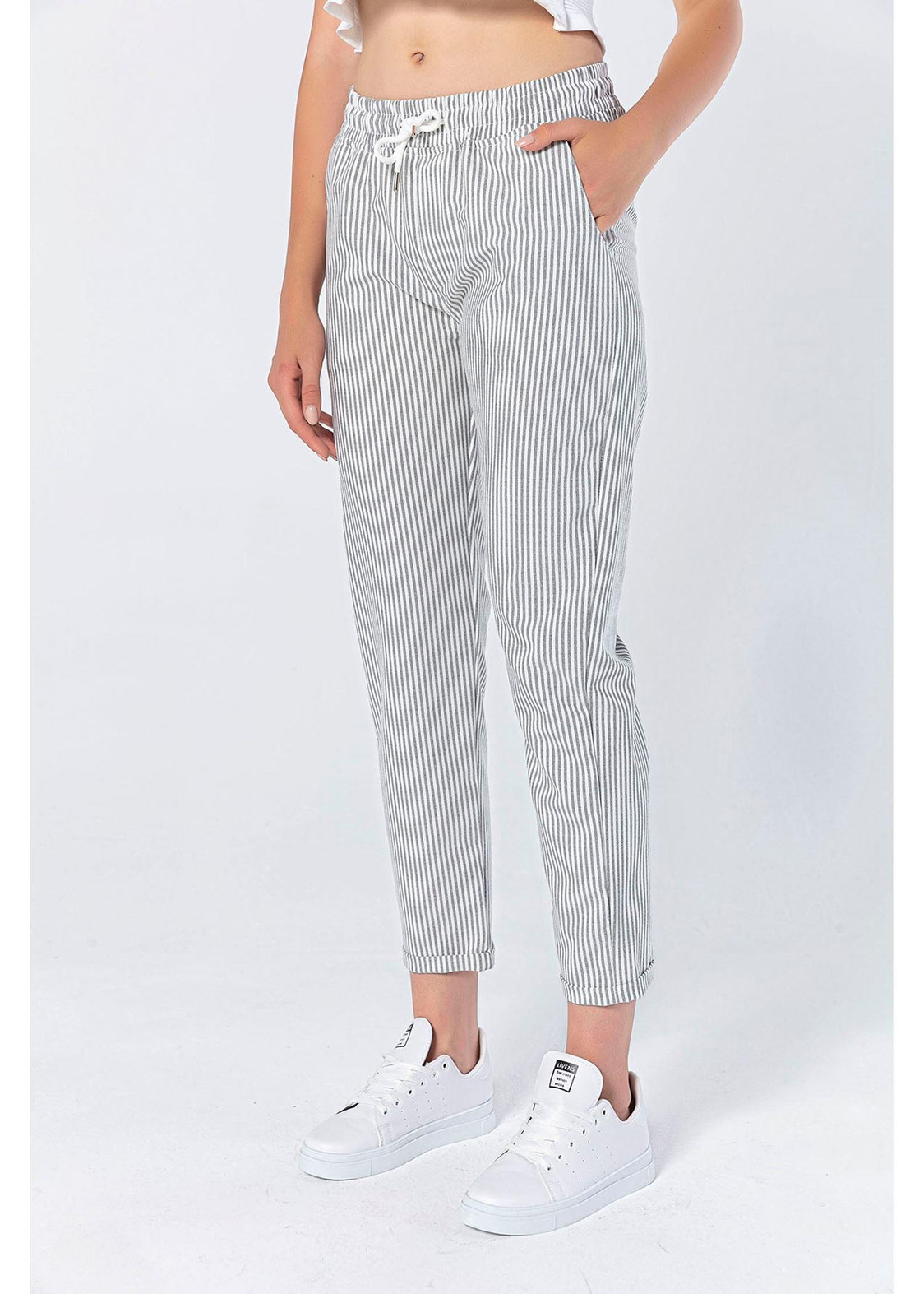 Çizgili Elastik Belli Pantolon-Siyah