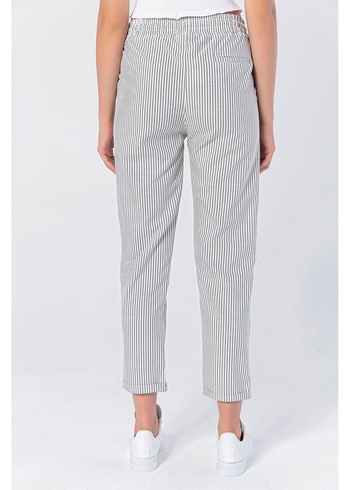 Çizgili Elastik Belli Pantolon-Siyah