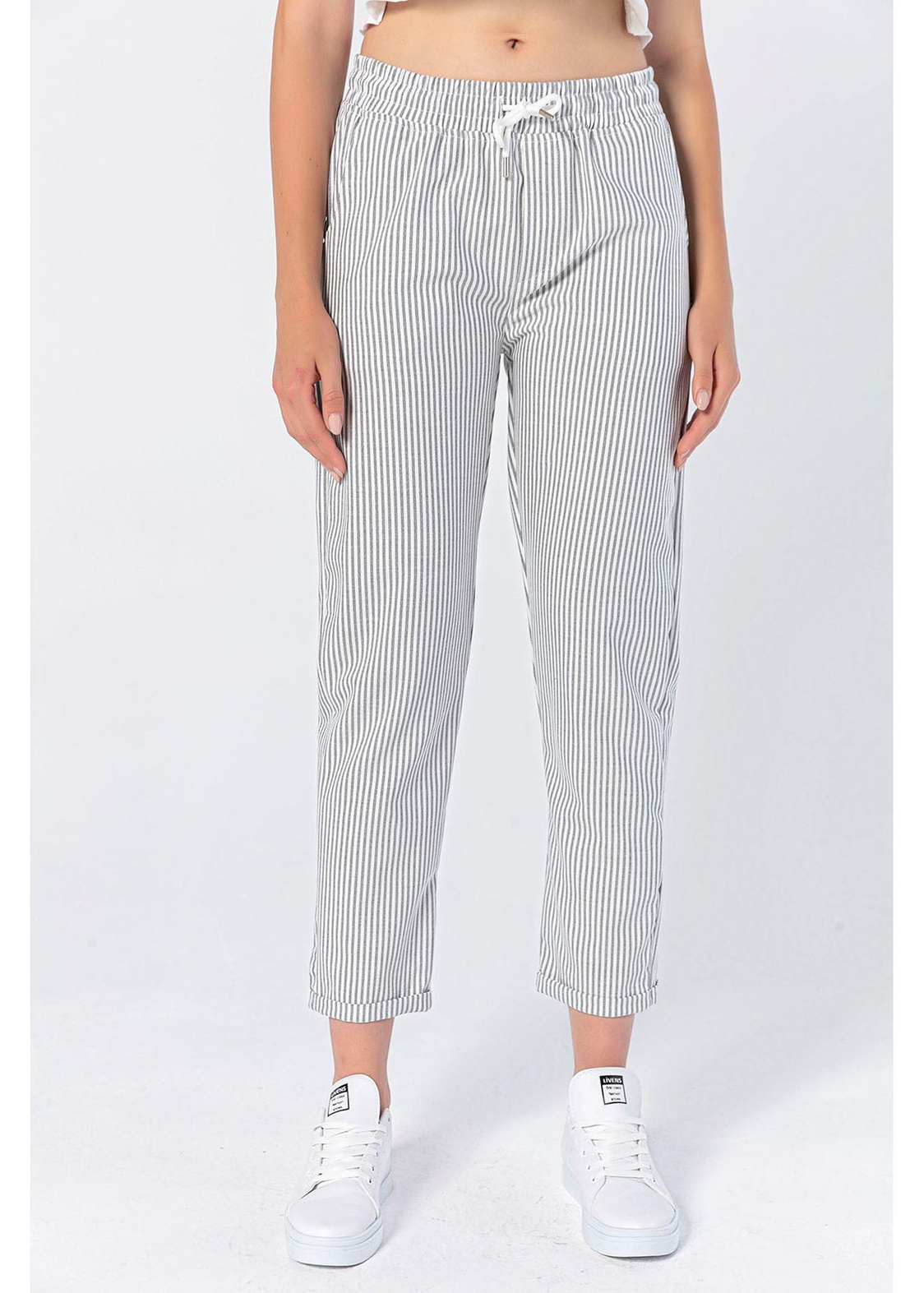 Çizgili Elastik Belli Pantolon-Siyah