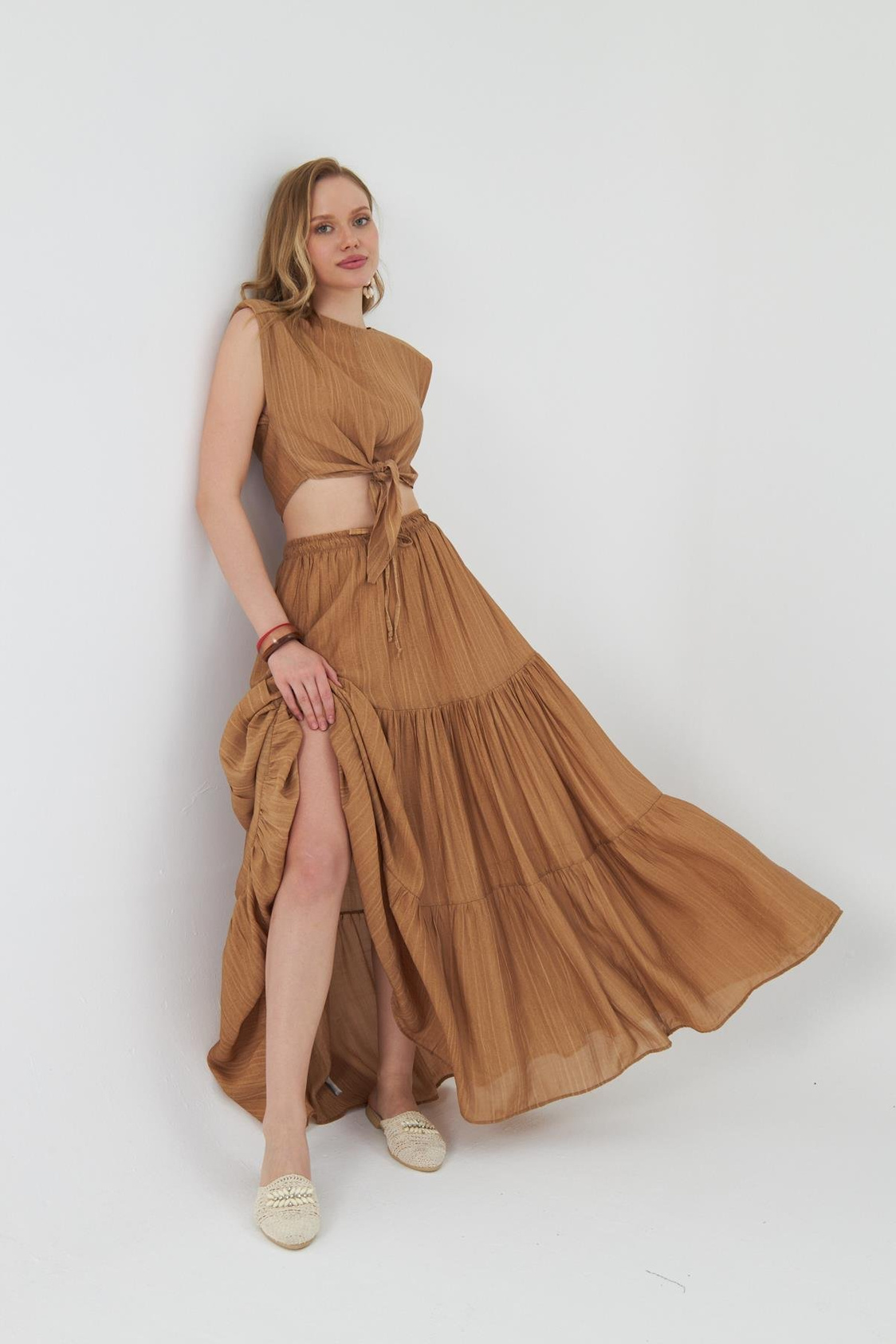 Çizgili Fırfırlı Uzun Etek