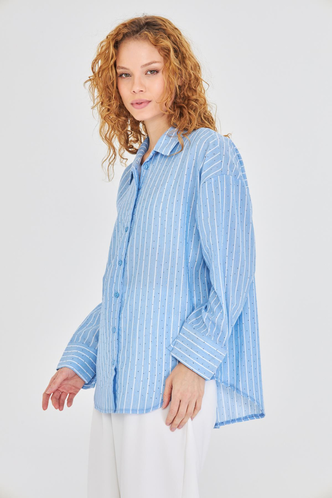 Çizgili Taşlı Poplin Gömlek