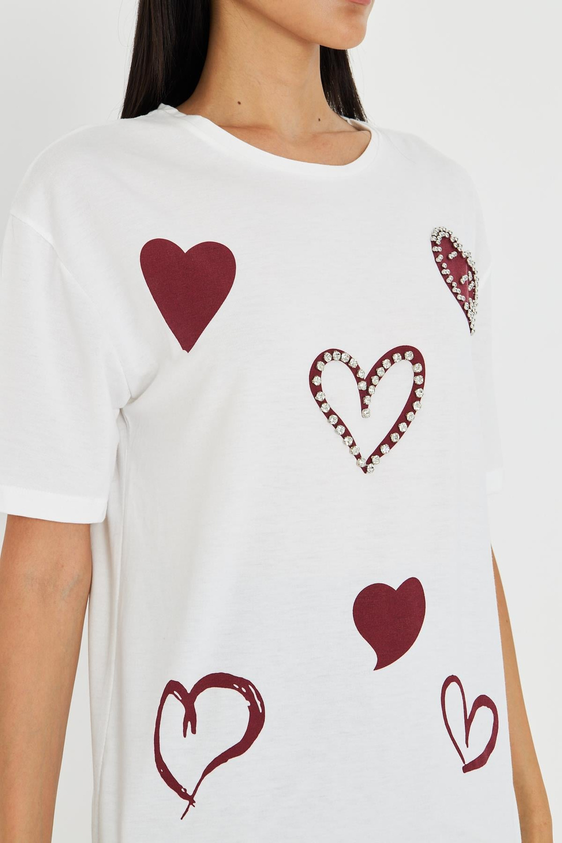 Çoklu Kalp Baskılı Taşlı T-shirt - Ekru/Bordo