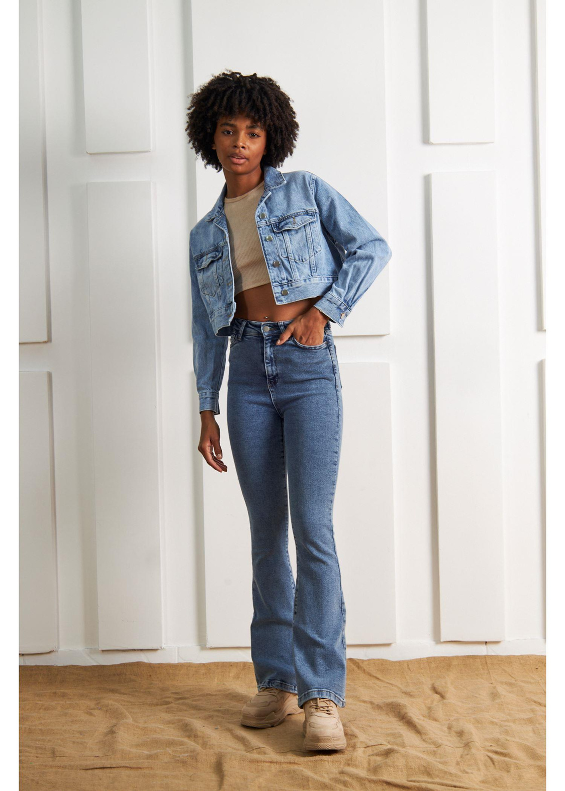 Crop Basic Denim Ceket-Mavi
