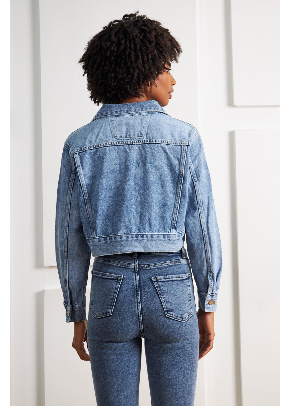 Crop Basic Denim Ceket-Mavi