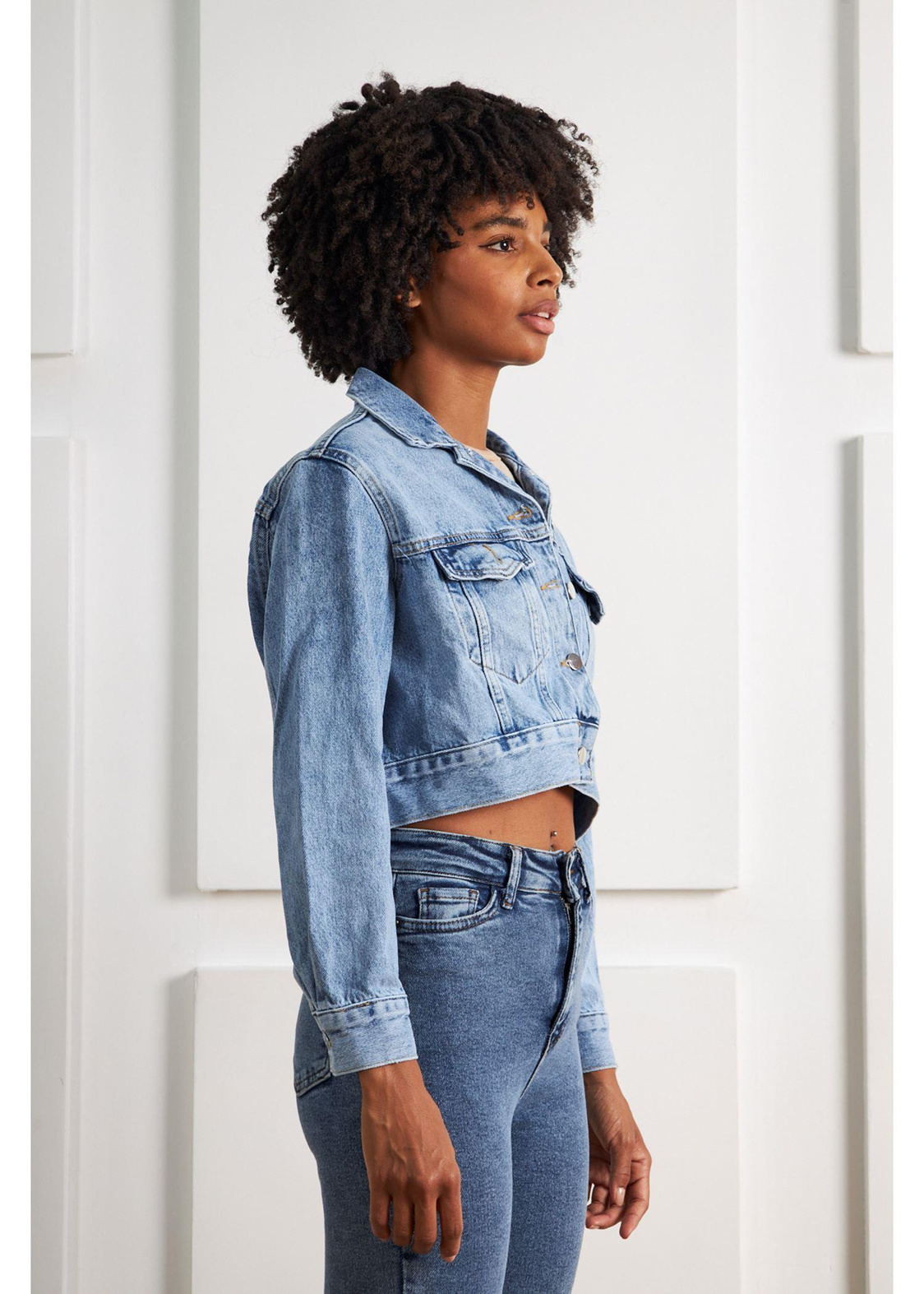 Crop Basic Denim Ceket-Mavi