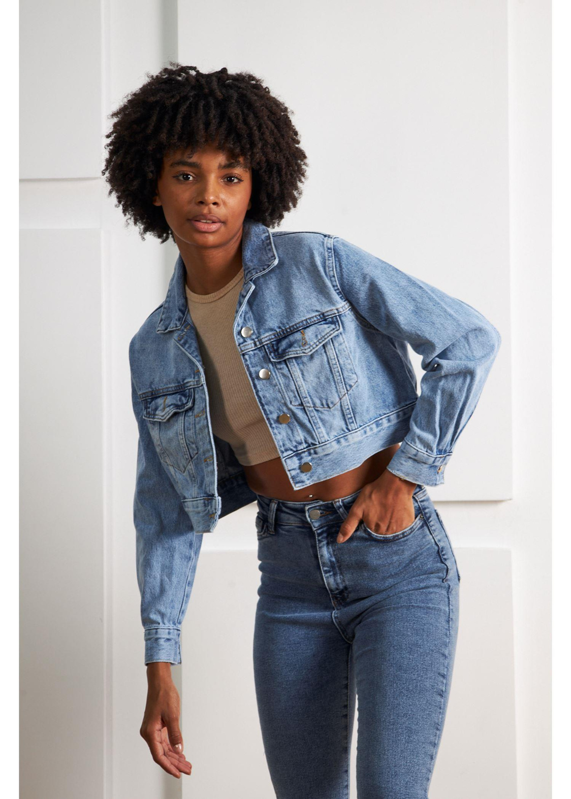 Crop Basic Denim Ceket-Mavi