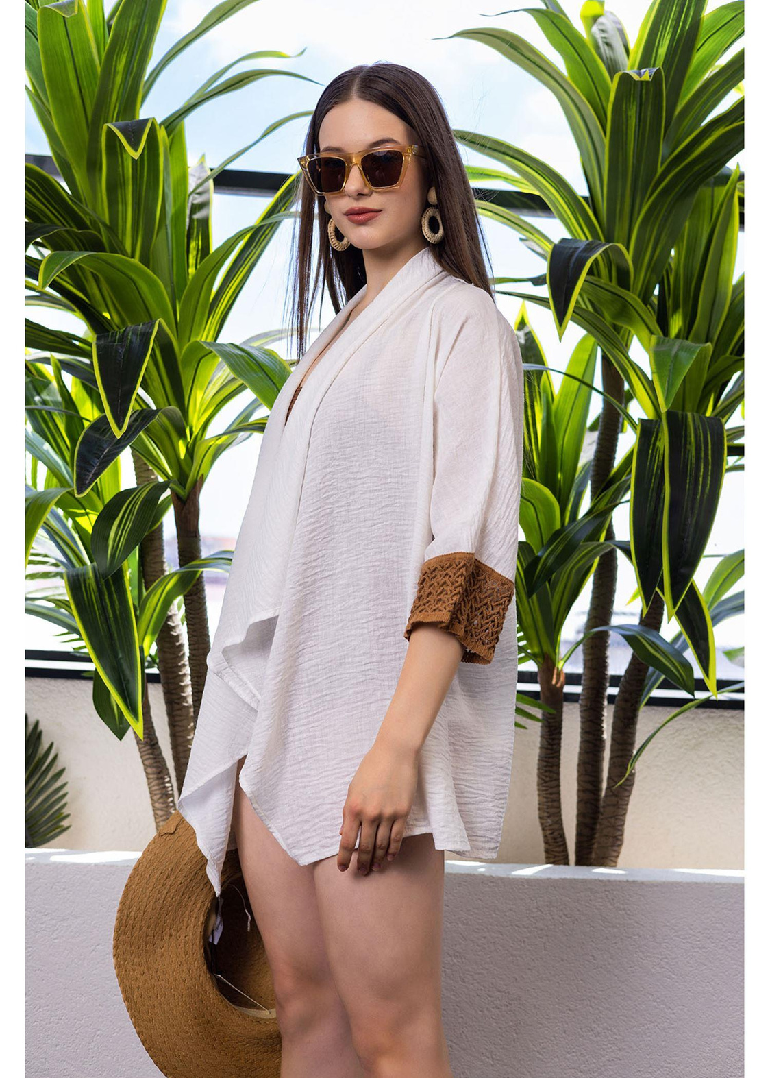 Dantel Detaylı Şal Yaka Keten Kimono-Ekru
