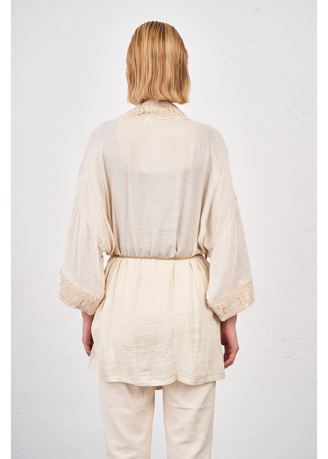 Dantelli Müslin Keten Kimono-Taş