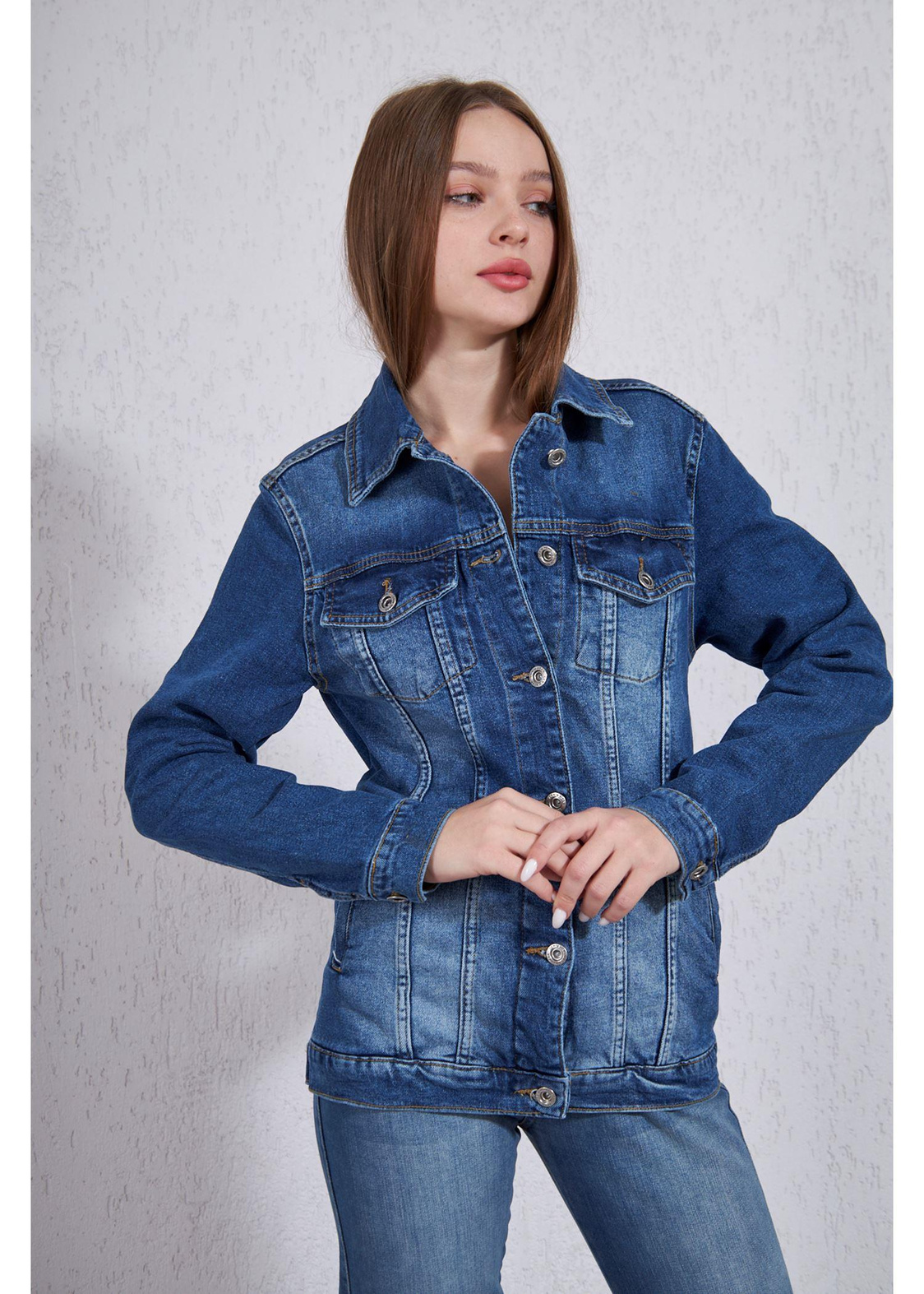 Denim Uzun Ceket-Mavi