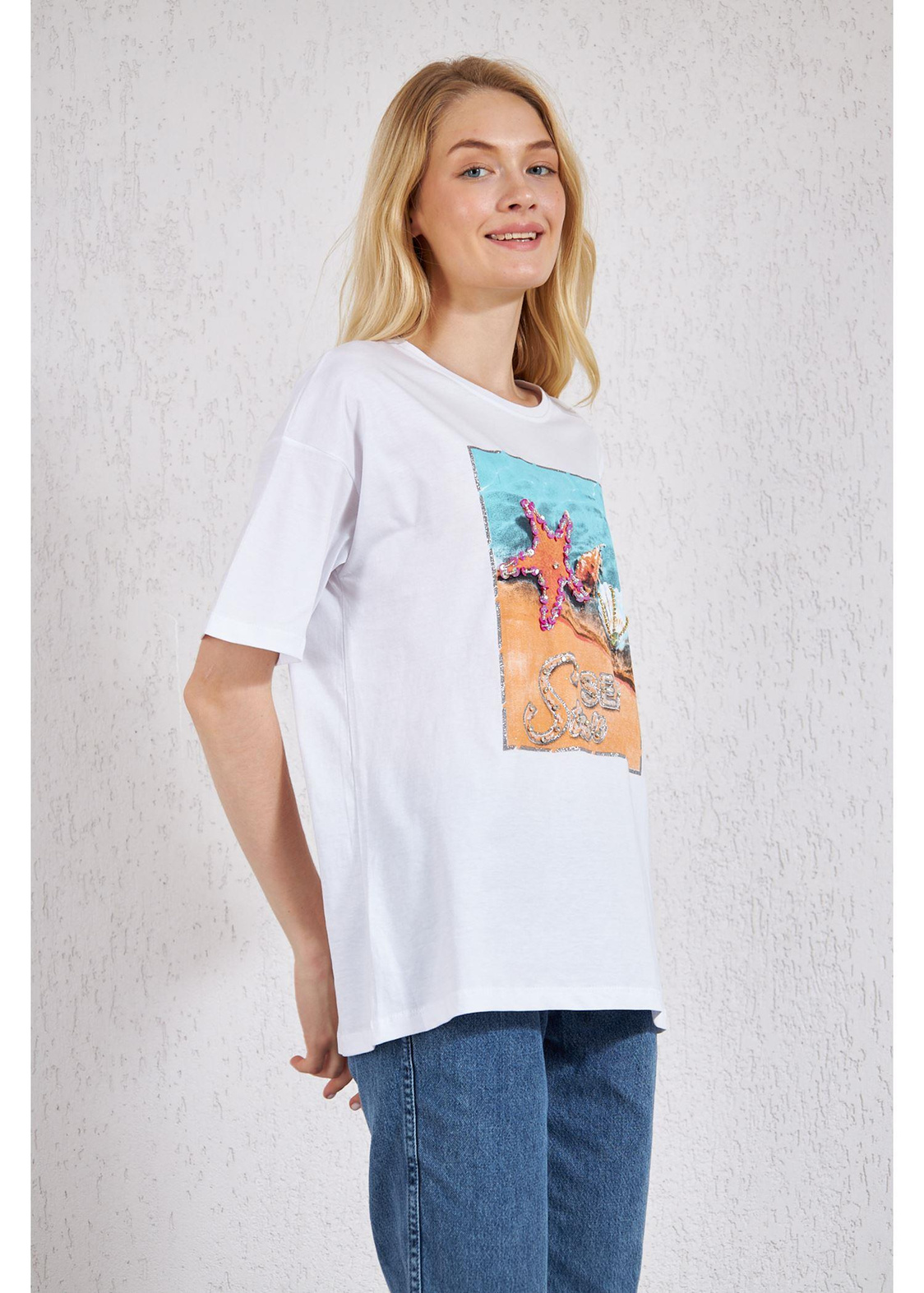 Deniz Baskılı Süprem T-Shirt-Beyaz