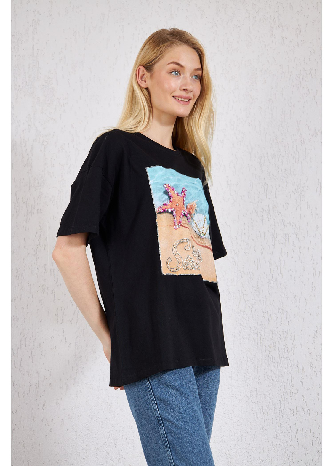 Deniz Baskılı Süprem T-Shirt-Siyah