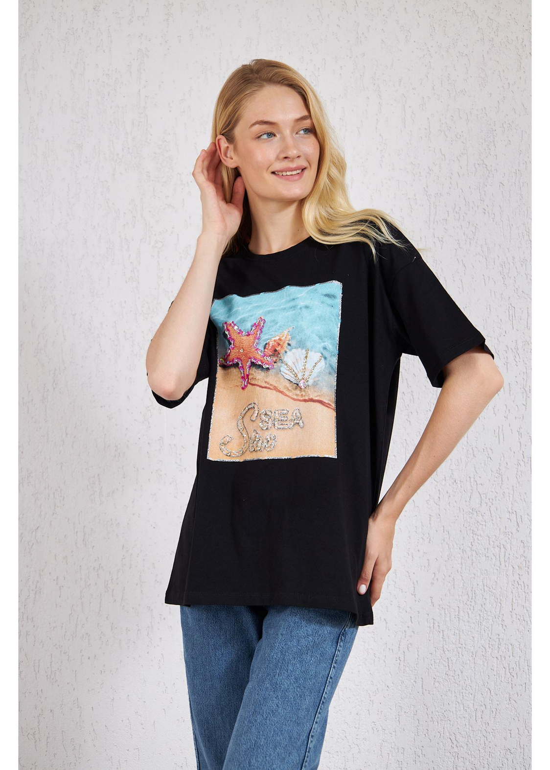 Deniz Baskılı Süprem T-Shirt-Siyah