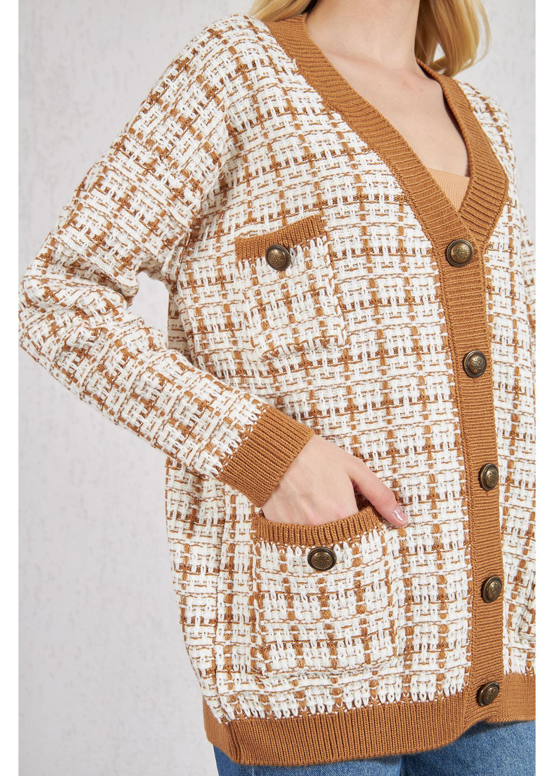 Desenli Cepli Triko Hırka-Camel