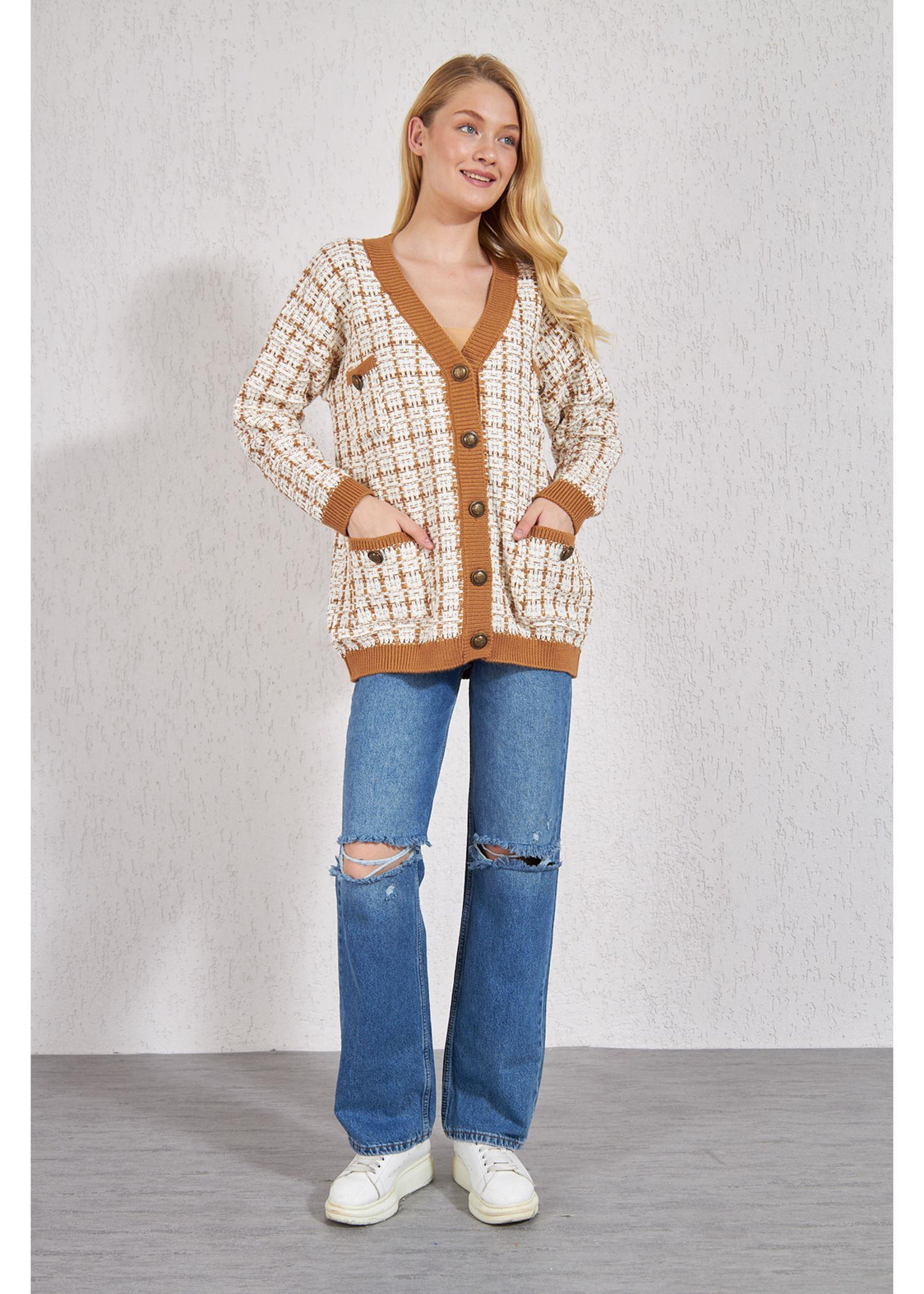 Desenli Cepli Triko Hırka-Camel